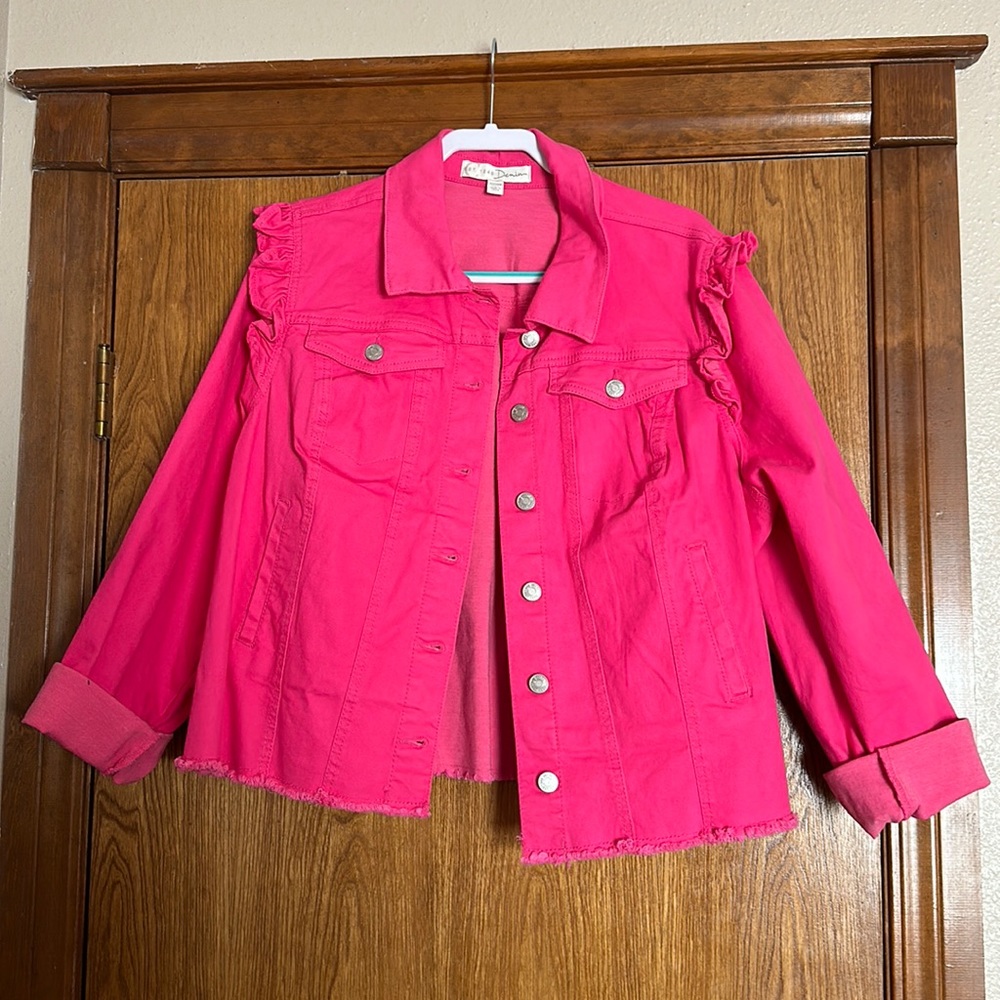 Hot Pink Cropped Denim Jacket With Ruffle Details on Shoulders 22/24W